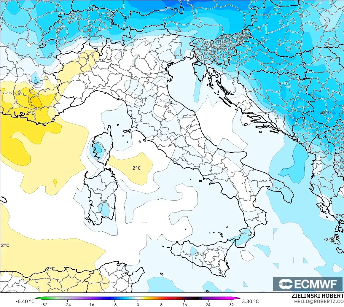 ECMWF IFS 0.25° モデル - イタリア, 気温異常（850hPa）