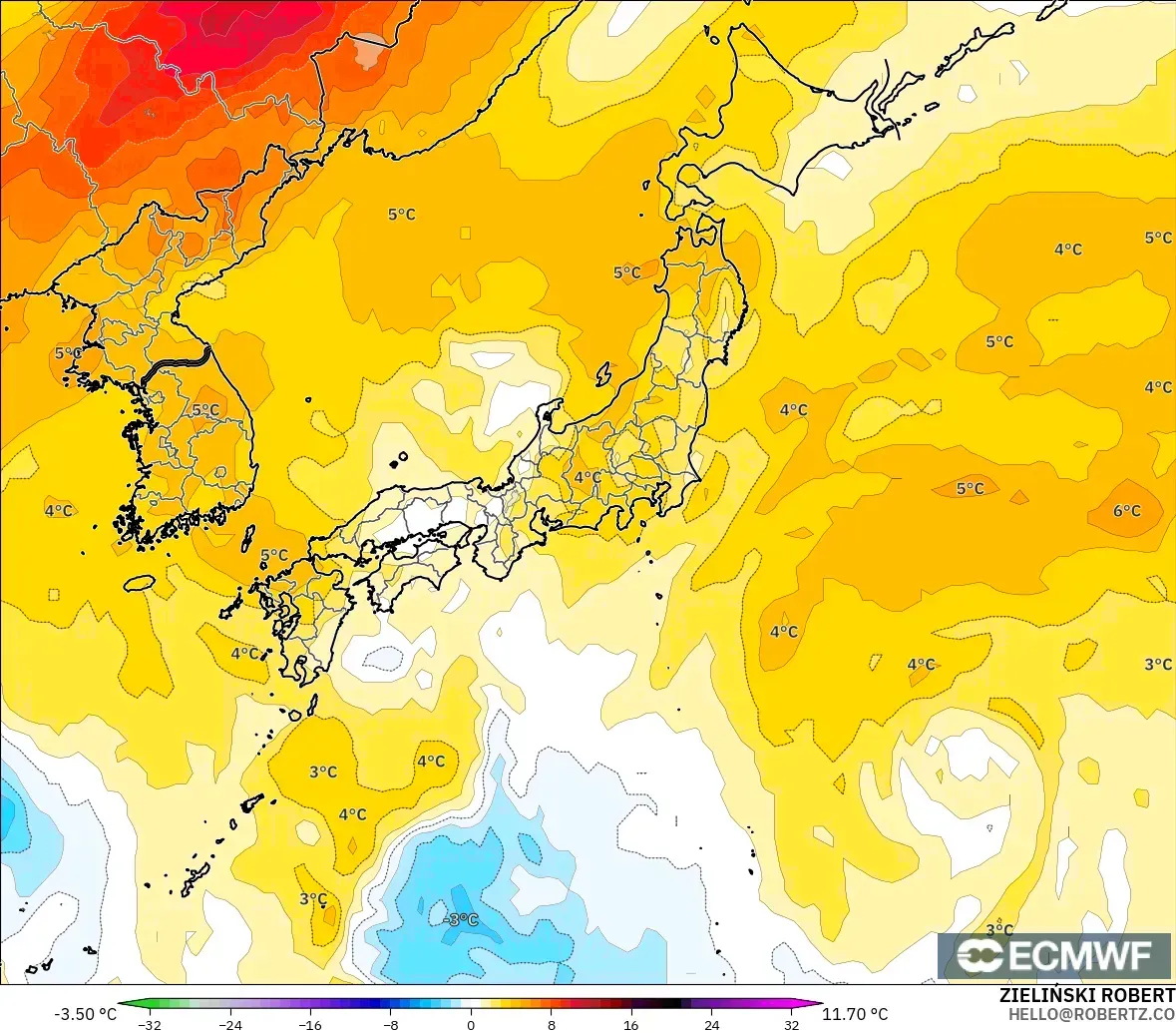 ECMWF IFS 0.25° モデル - 日本, 気温異常（850hPa）