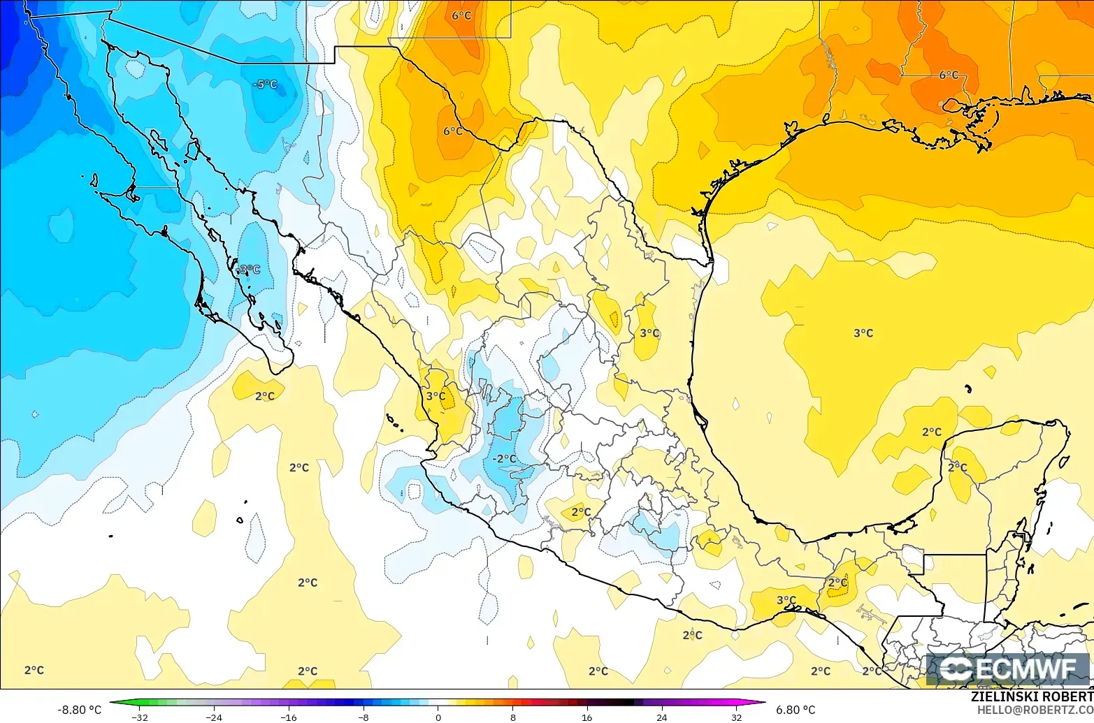 ECMWF IFS 0.25° モデル - メキシコ, 気温異常（850hPa）