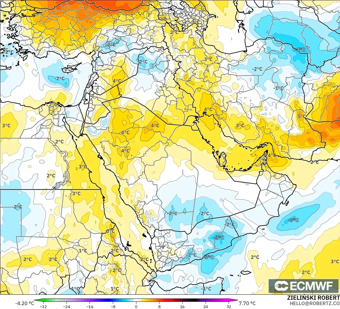 ECMWF IFS 0.25° モデル - 中東, 気温異常（850hPa）
