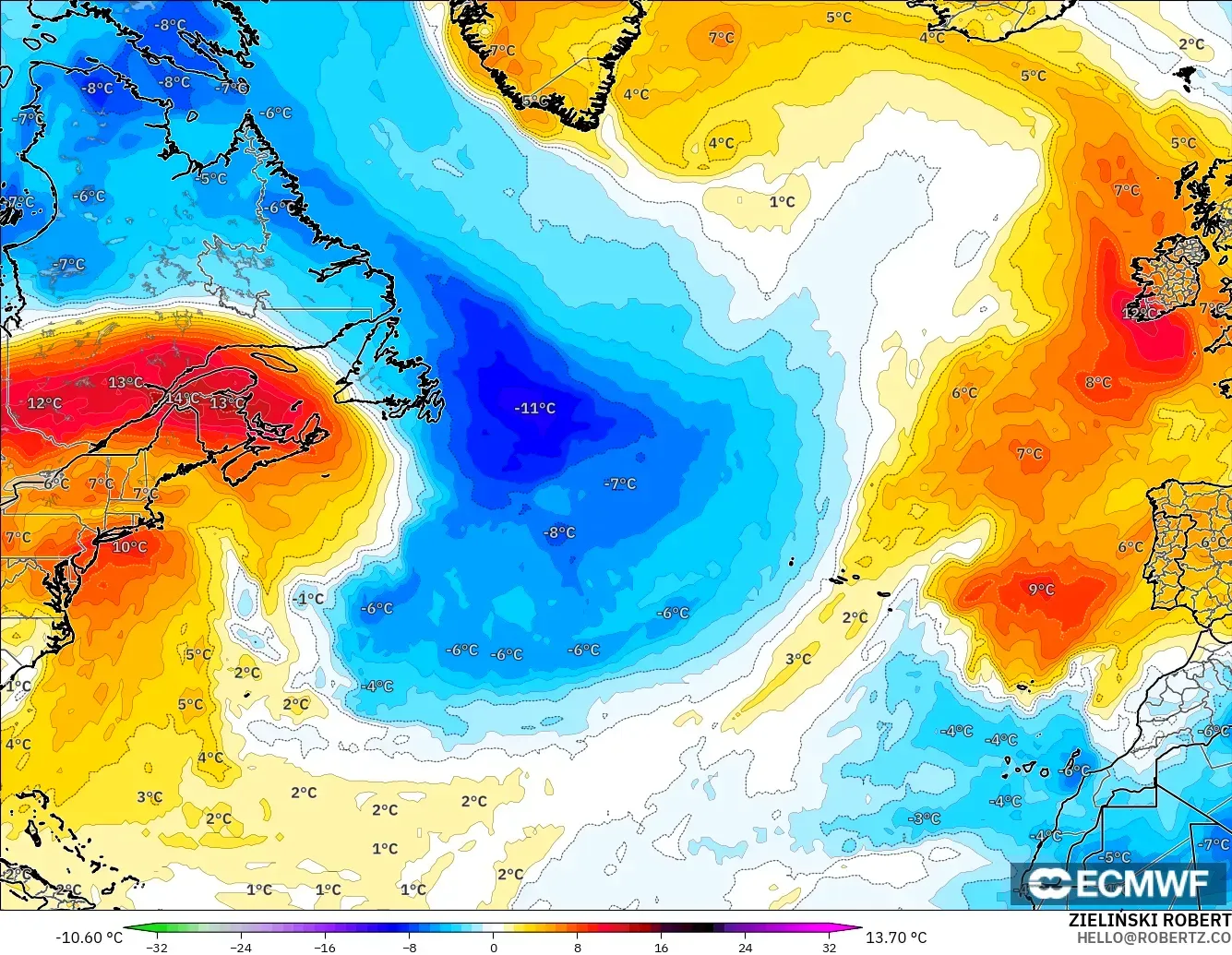 ECMWF IFS 0.25° モデル - 北大西洋, 気温異常（850hPa）