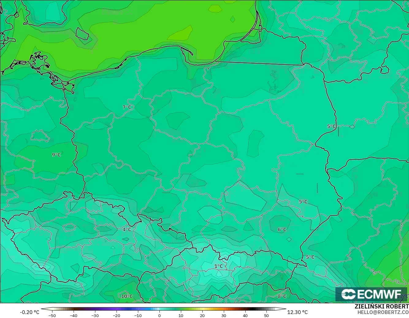 ECMWF IFS 0.25° モデル - ポーランド, 気温（2m）