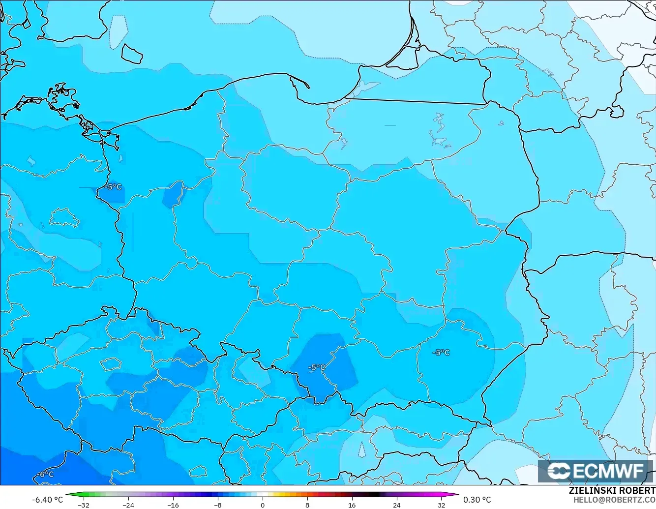 ECMWF IFS 0.25° モデル - ポーランド, 気温異常（850hPa）