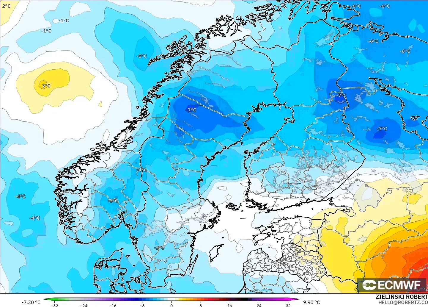 ECMWF IFS 0.25° モデル - スカンジナビア, 気温異常（850hPa）