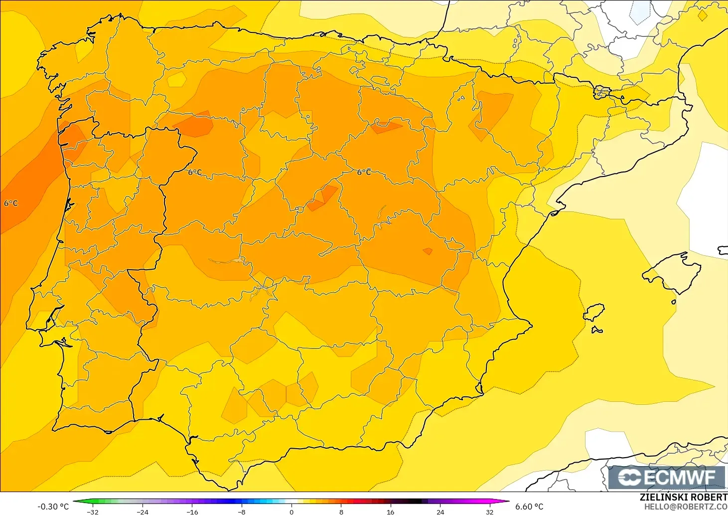 ECMWF IFS 0.25° モデル - スペイン, 気温異常（850hPa）