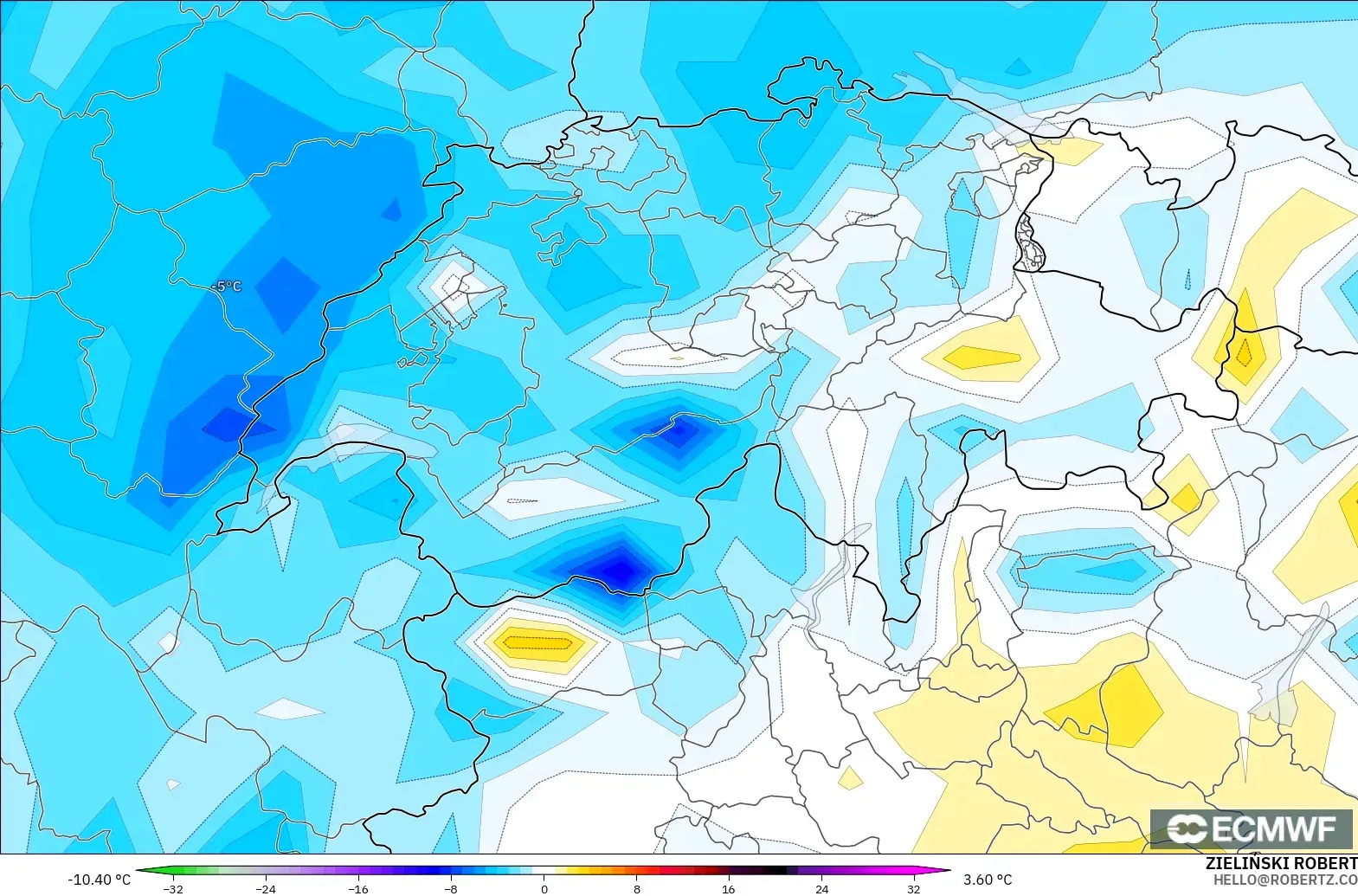 ECMWF IFS 0.25° モデル - スイス, 気温異常（2m）