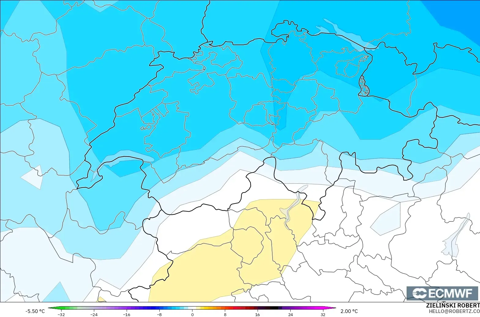 ECMWF IFS 0.25° モデル - スイス, 気温異常（850hPa）