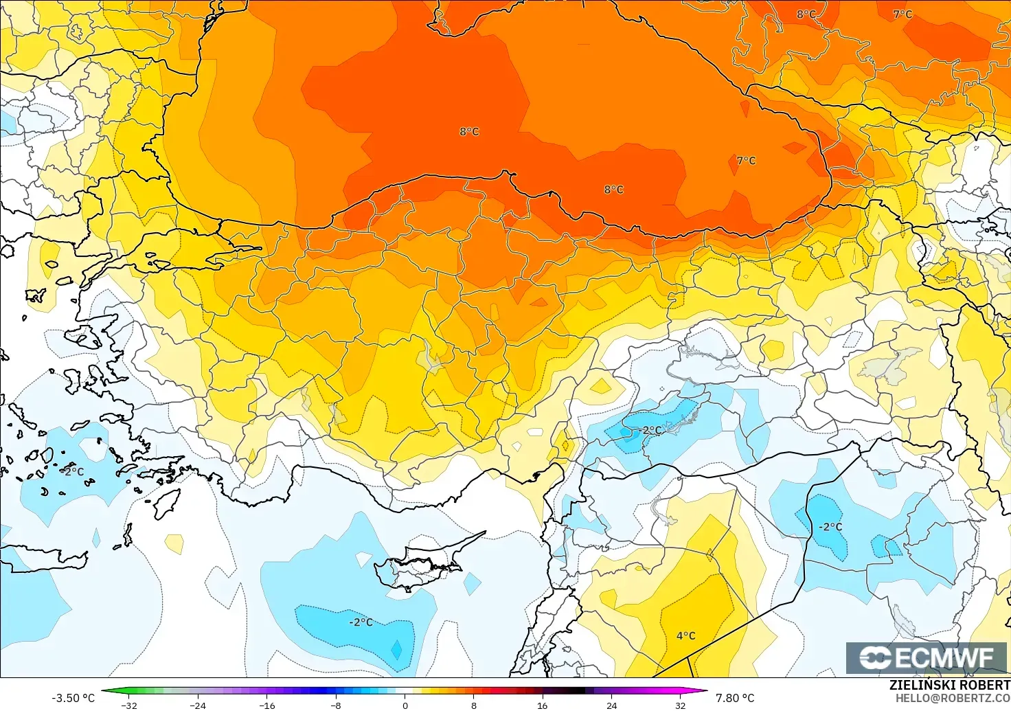 ECMWF IFS 0.25° モデル - トルコ, 気温異常（850hPa）