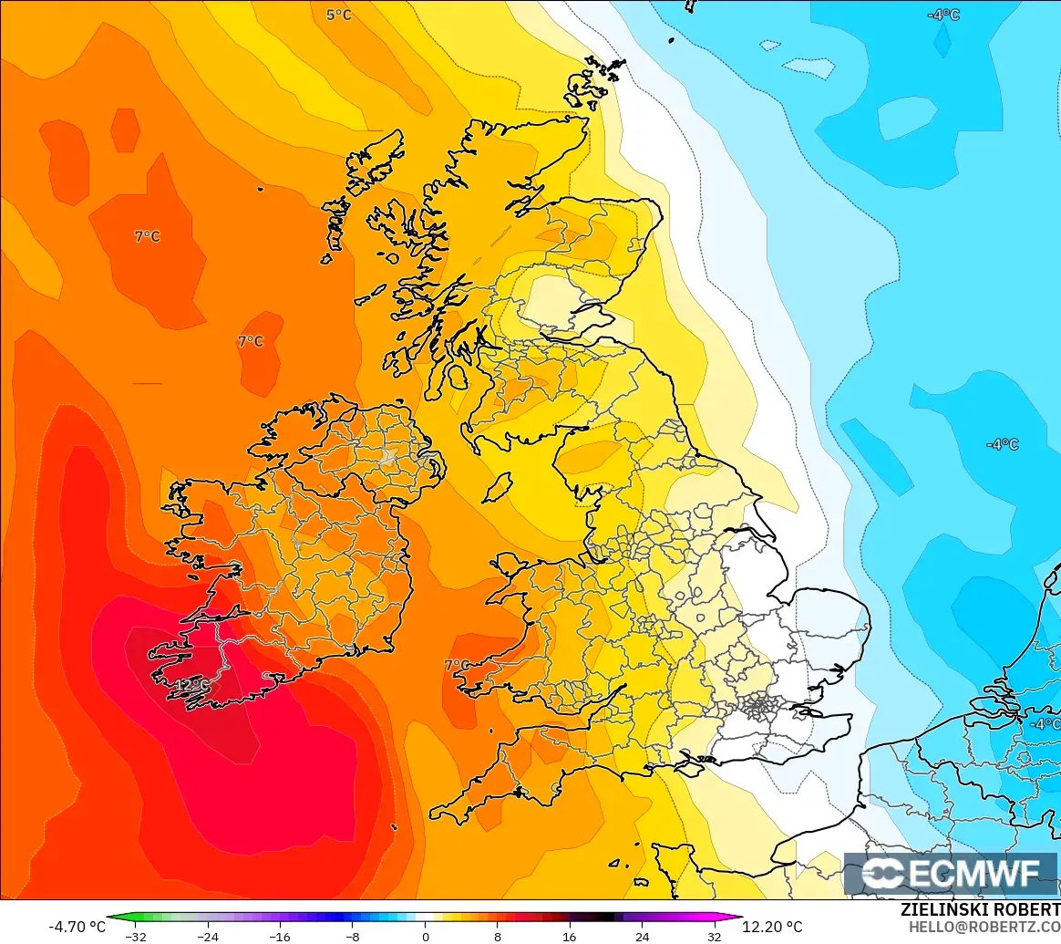 ECMWF IFS 0.25° モデル - イギリス, 気温異常（850hPa）
