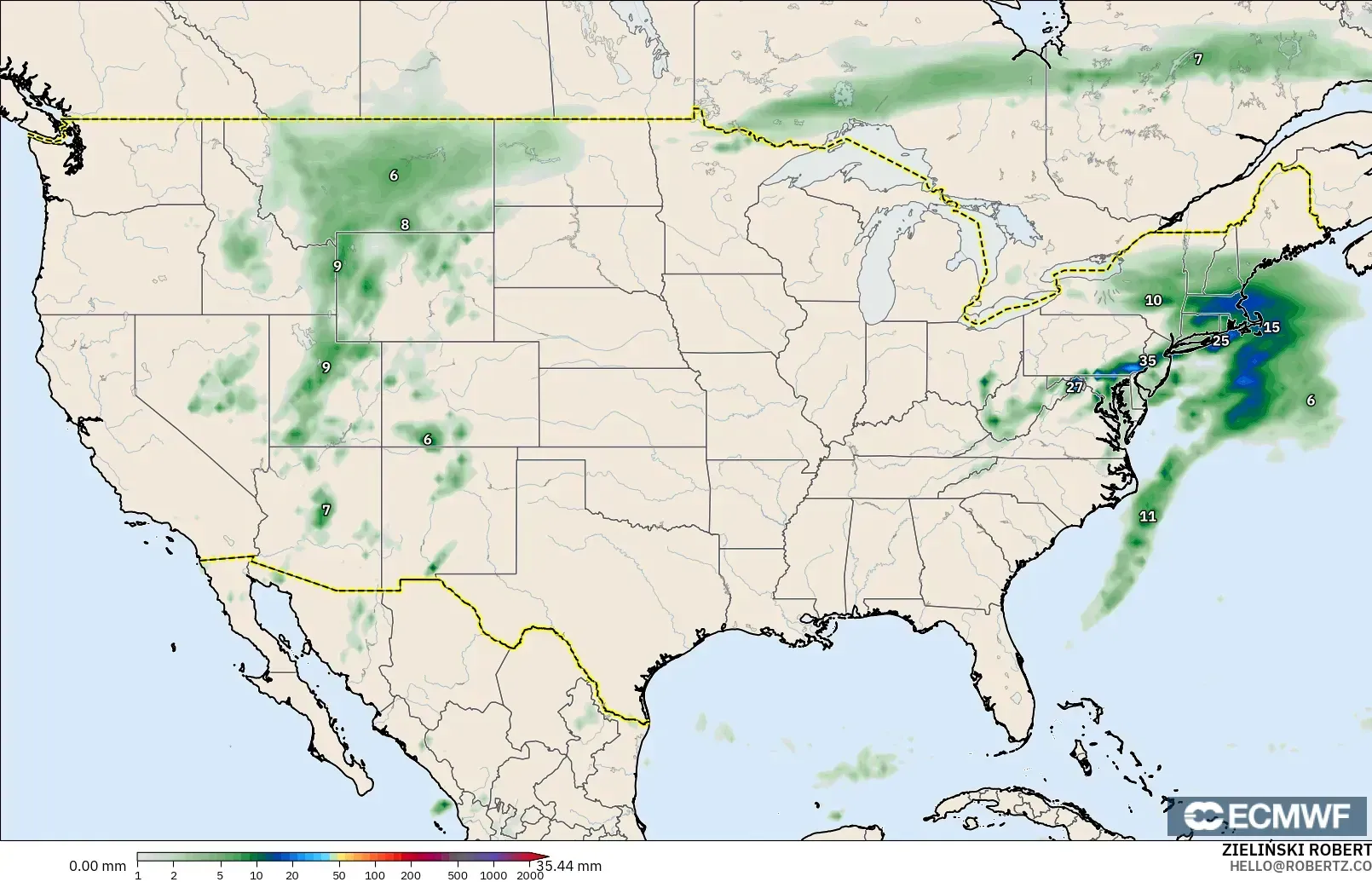 ECMWF IFS 0.25° モデル - アメリカ合衆国, 降水量の合計