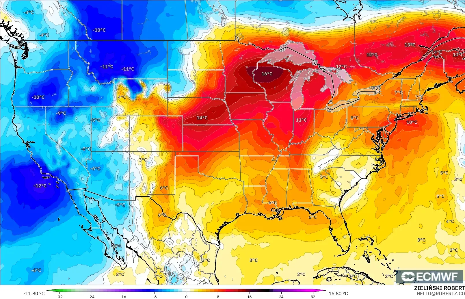 ECMWF IFS 0.25° モデル - アメリカ合衆国, 気温異常（850hPa）