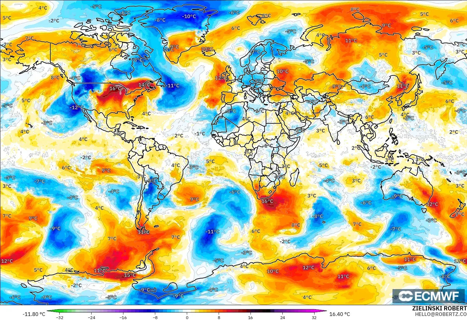 ECMWF IFS 0.25° モデル - 世界, 気温異常（850hPa）