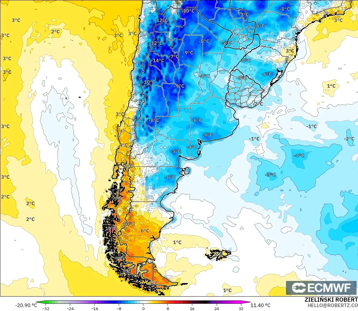ECMWF IFS 0.25° モデル - アルゼンチン, 気温異常（2m）