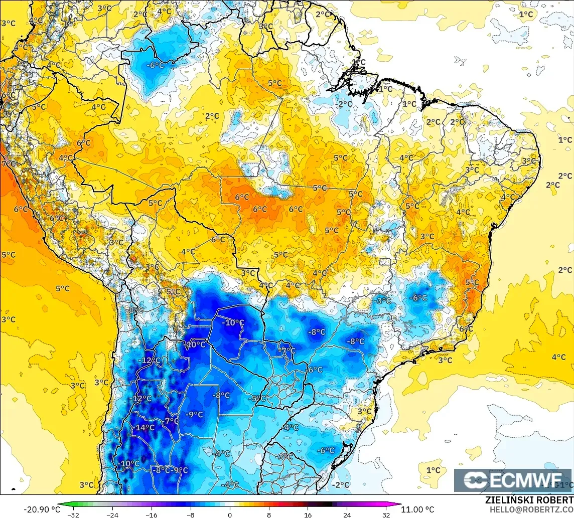 ECMWF IFS 0.25° モデル - ブラジル, 気温異常（2m）