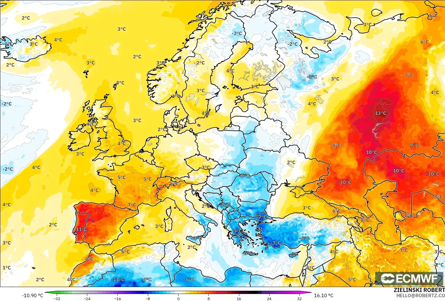 ECMWF IFS 0.25° モデル - ヨーロッパ, 気温異常（2m）