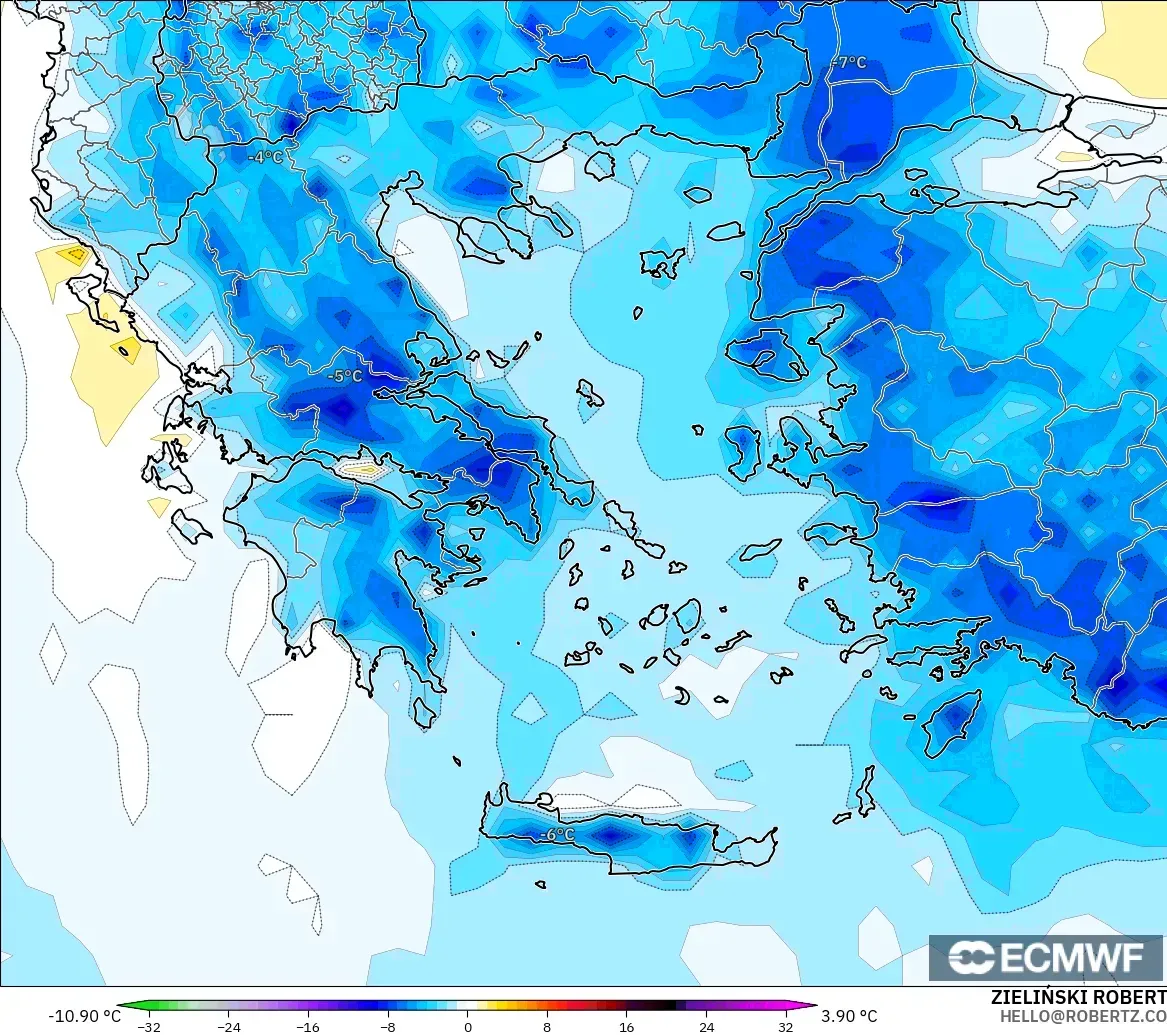 ECMWF IFS 0.25° モデル - ギリシャ, 気温異常（2m）