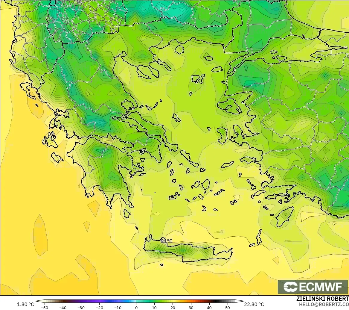 ECMWF IFS 0.25° モデル - ギリシャ, 気温（2m）