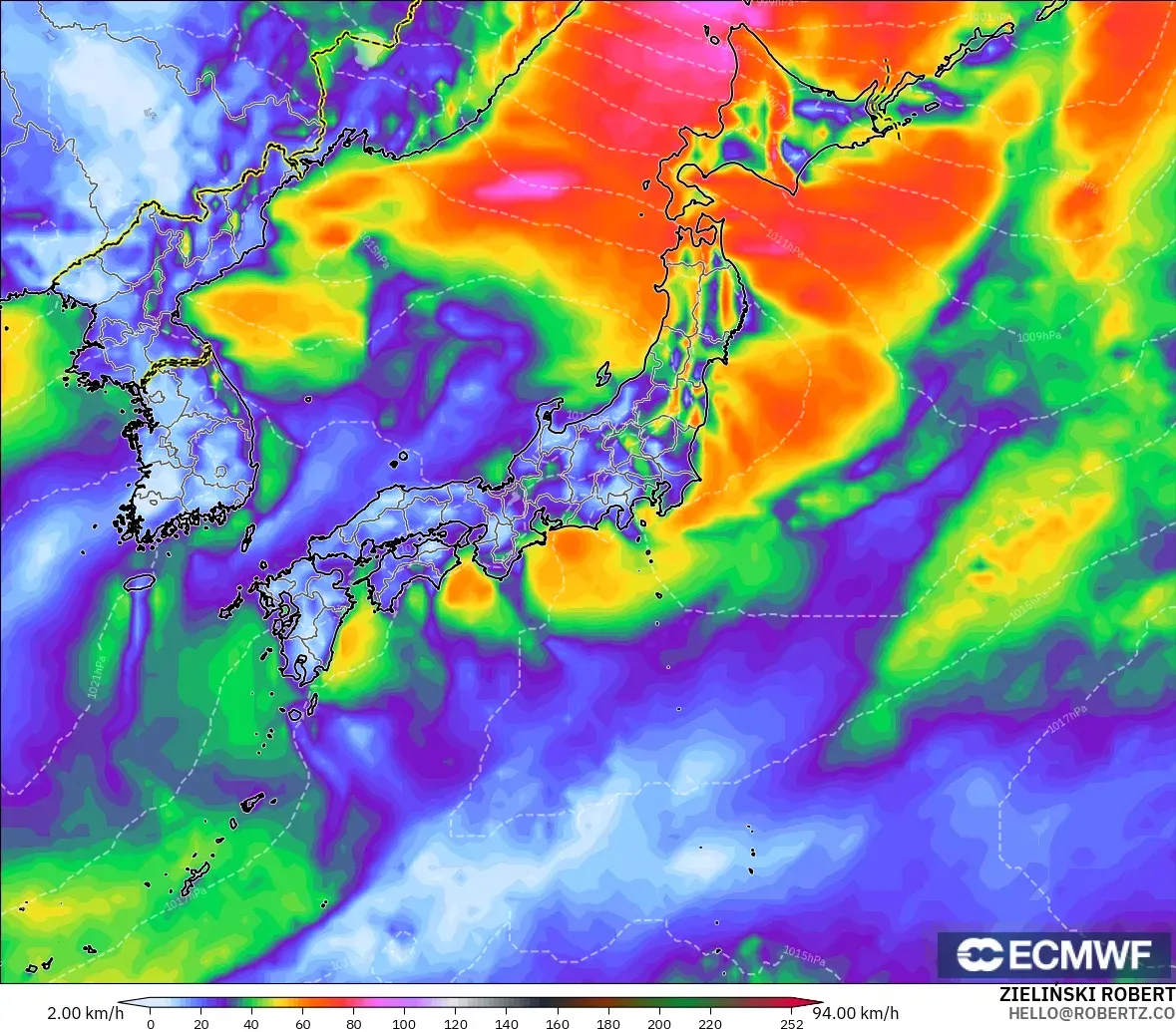 ECMWF IFS 0.25° モデル - 日本, 突風（最大）