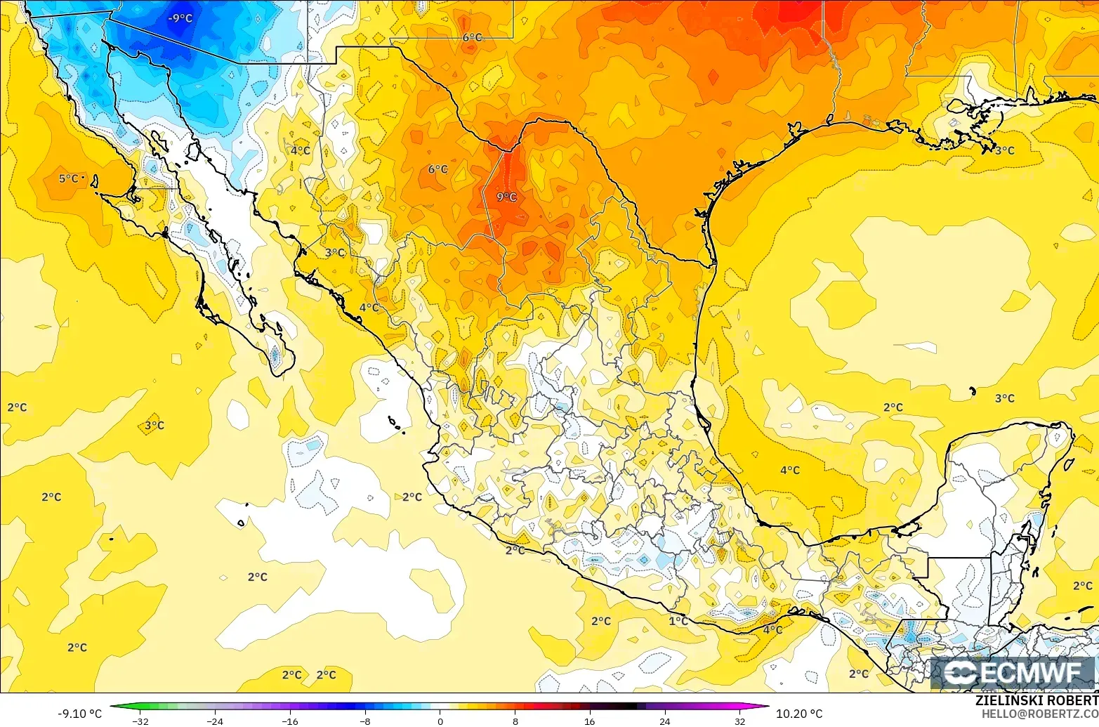 ECMWF IFS 0.25° モデル - メキシコ, 気温異常（2m）