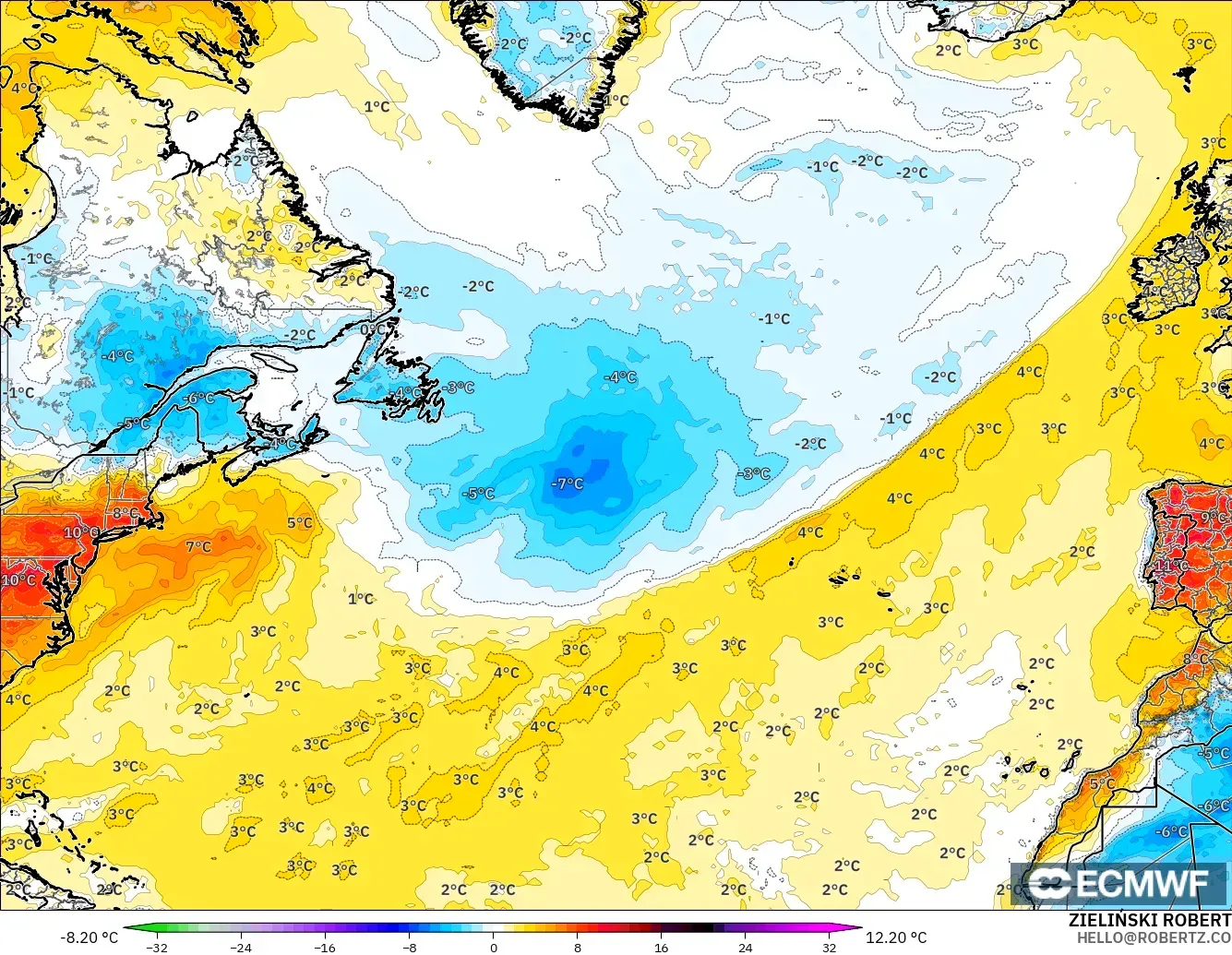 ECMWF IFS 0.25° モデル - 北大西洋, 気温異常（2m）