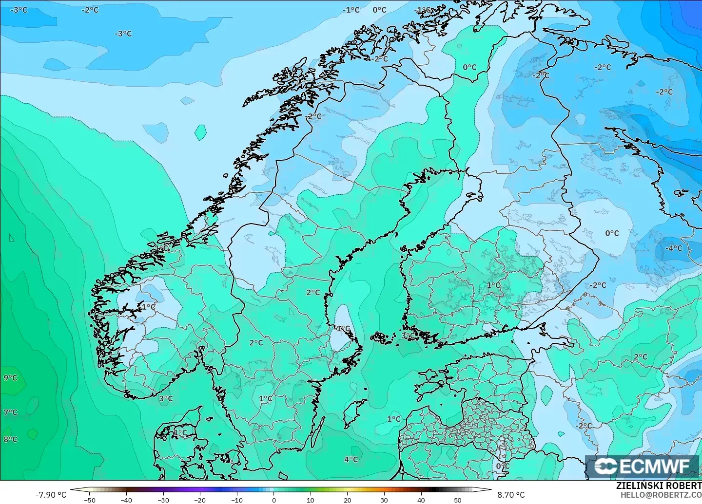 ECMWF IFS 0.25° モデル - スカンジナビア, 気温（850hPa）