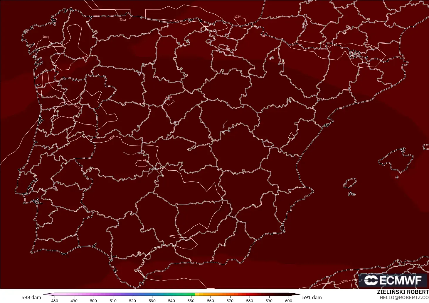 ECMWF IFS 0.25° モデル - スペイン, 500hPaのジオポテンシャル高度