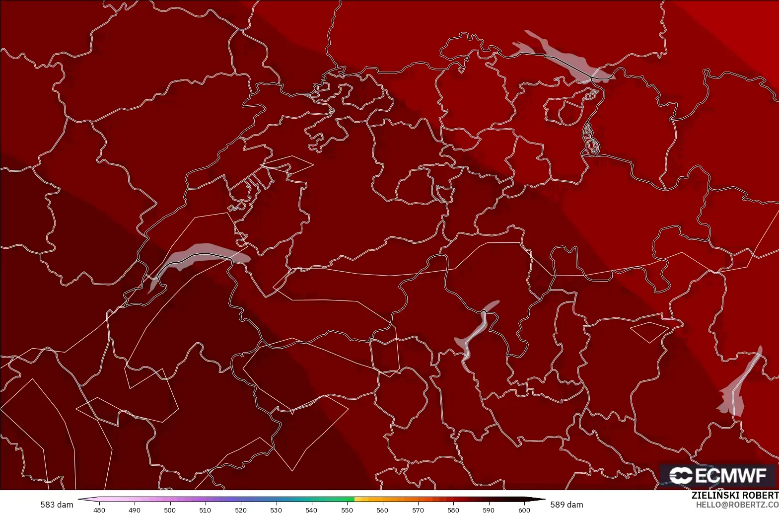 ECMWF IFS 0.25° モデル - スイス, 500hPaのジオポテンシャル高度