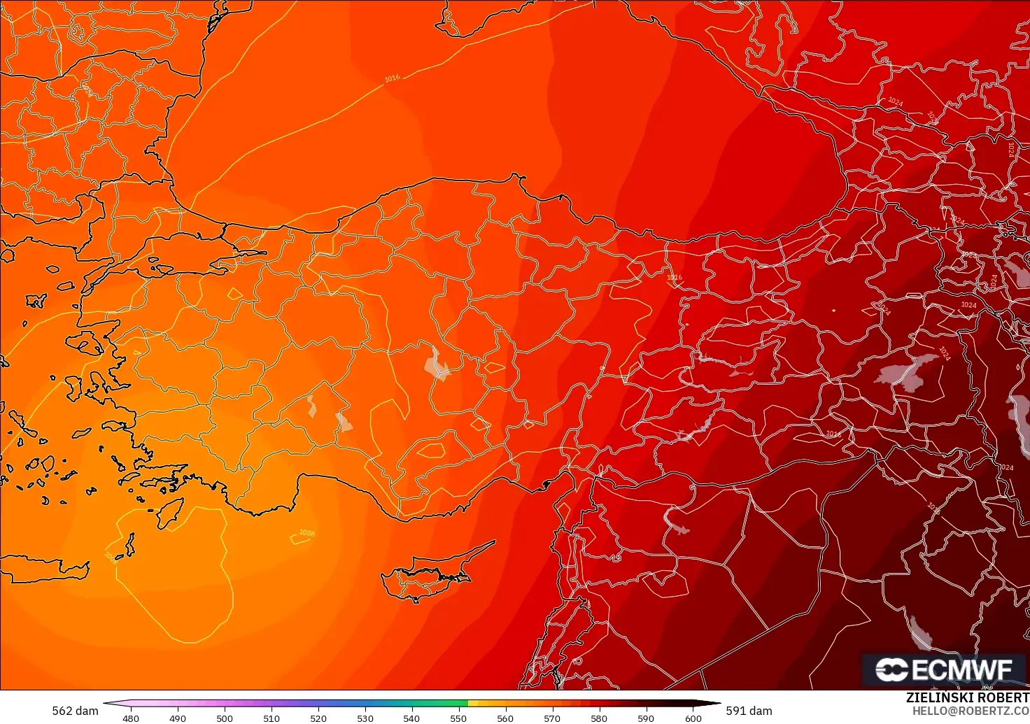 ECMWF IFS 0.25° モデル - トルコ, 500hPaのジオポテンシャル高度