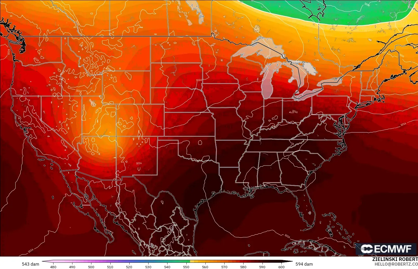 ECMWF IFS 0.25° モデル - アメリカ合衆国, 500hPaのジオポテンシャル高度