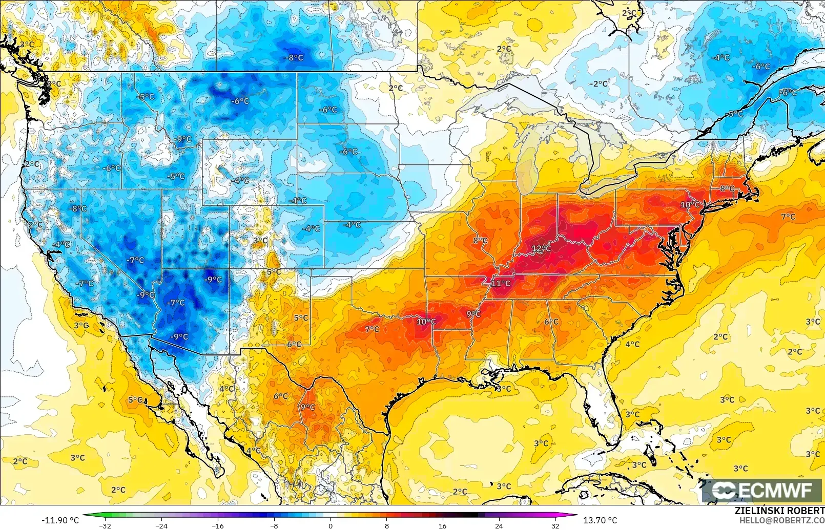 ECMWF IFS 0.25° モデル - アメリカ合衆国, 気温異常（2m）