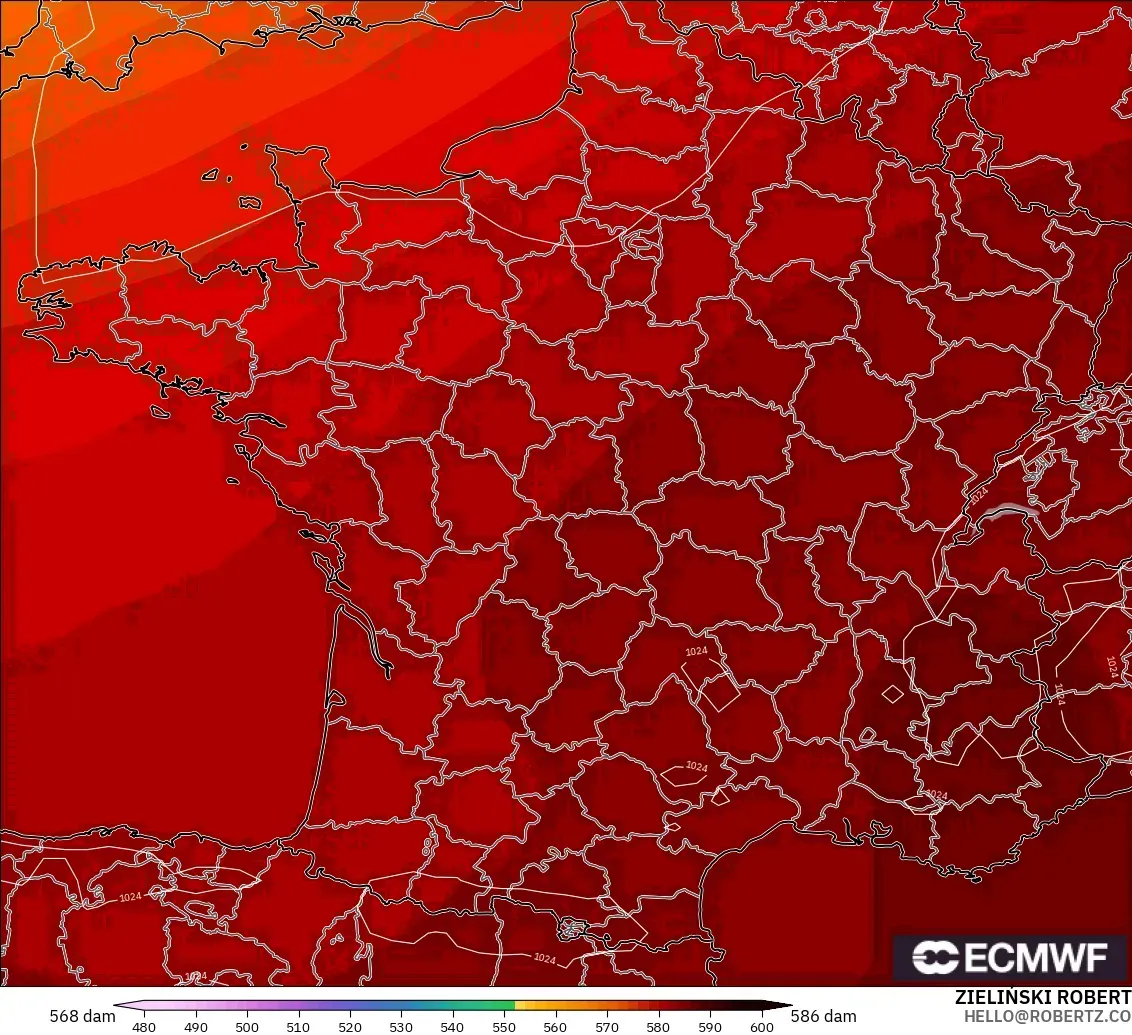 ECMWF IFS 0.25° モデル - フランス, 500hPaのジオポテンシャル高度