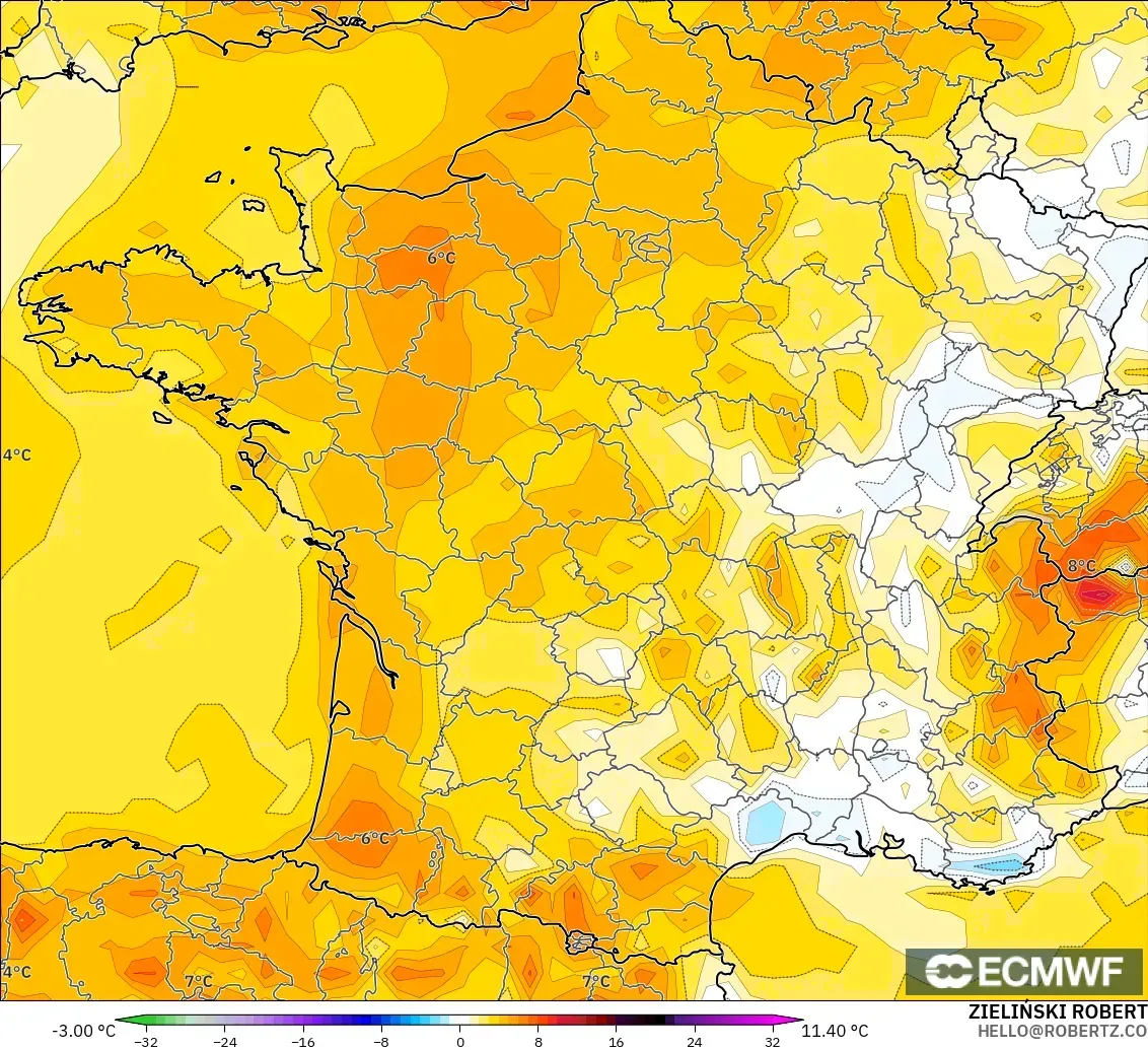 ECMWF IFS 0.25° モデル - フランス, 気温異常（2m）