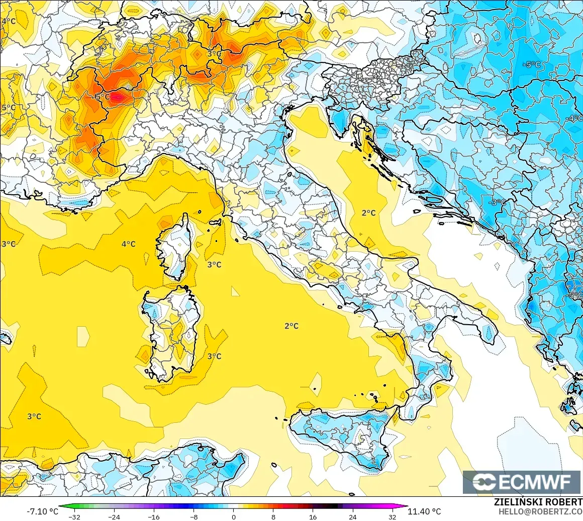 ECMWF IFS 0.25° モデル - イタリア, 気温異常（2m）