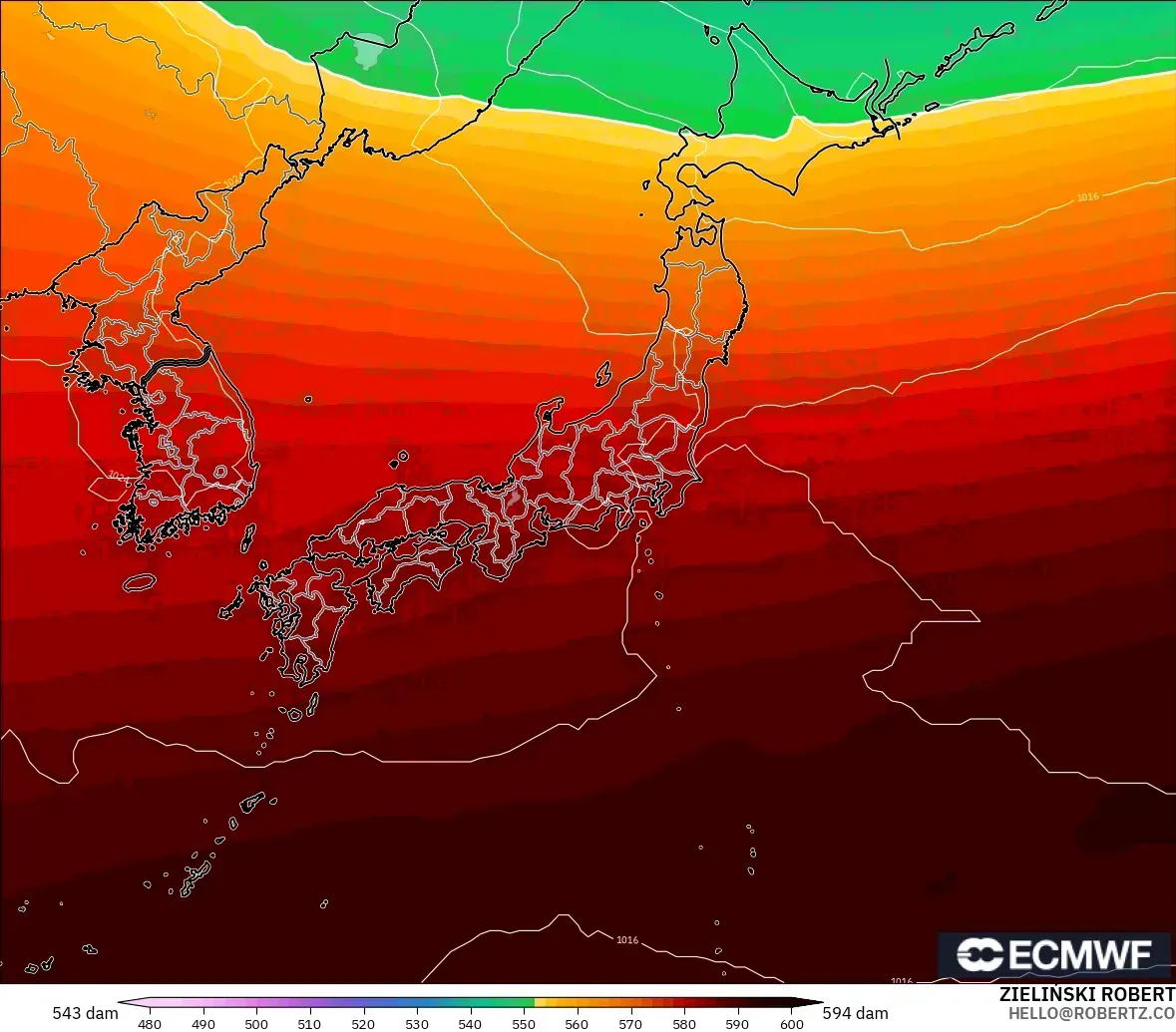 ECMWF IFS 0.25° モデル - 日本, 500hPaのジオポテンシャル高度