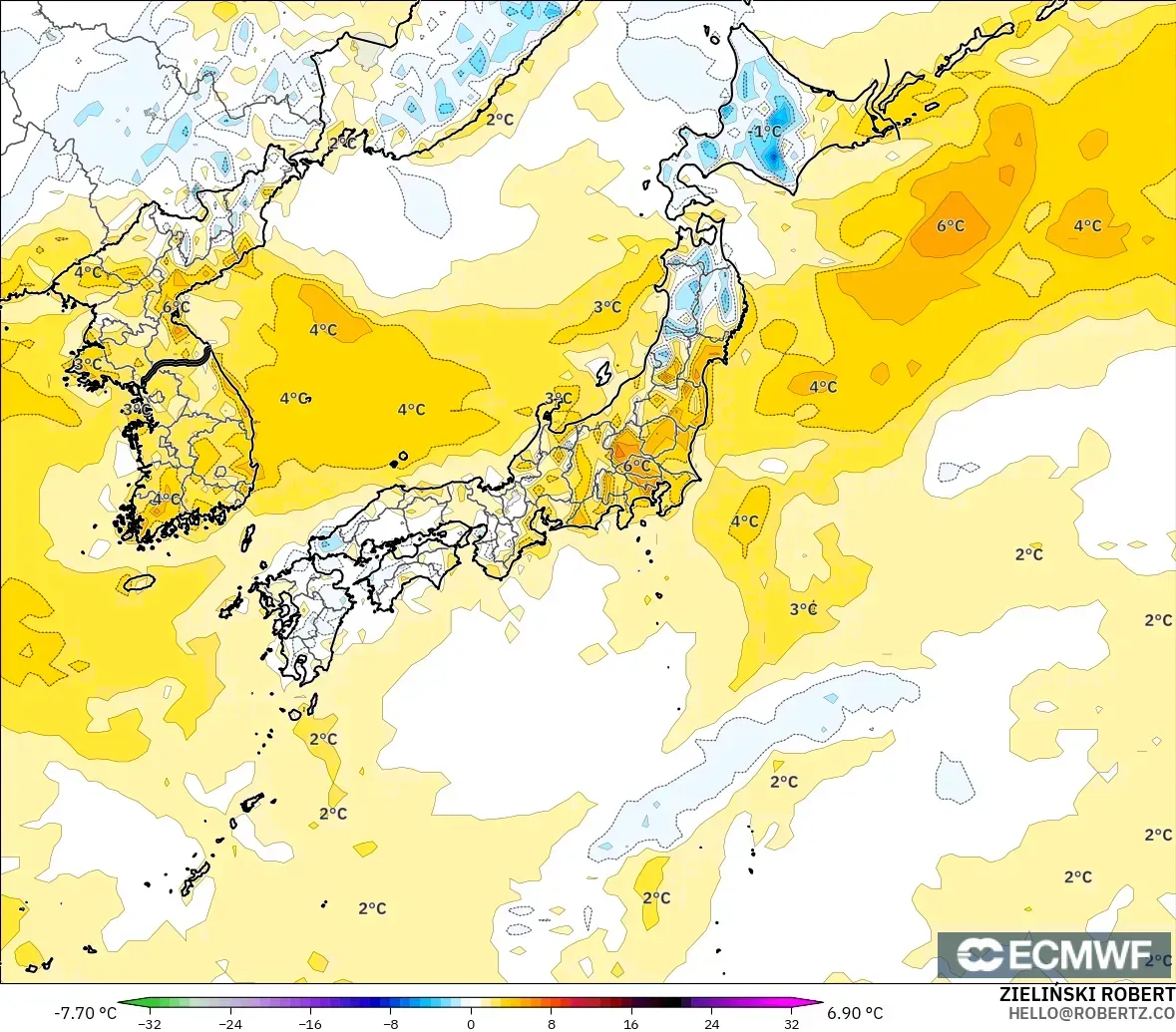 ECMWF IFS 0.25° モデル - 日本, 気温異常（2m）