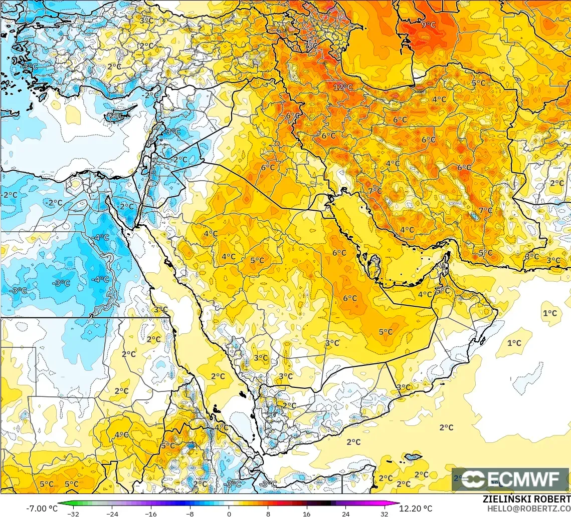 ECMWF IFS 0.25° モデル - 中東, 気温異常（2m）