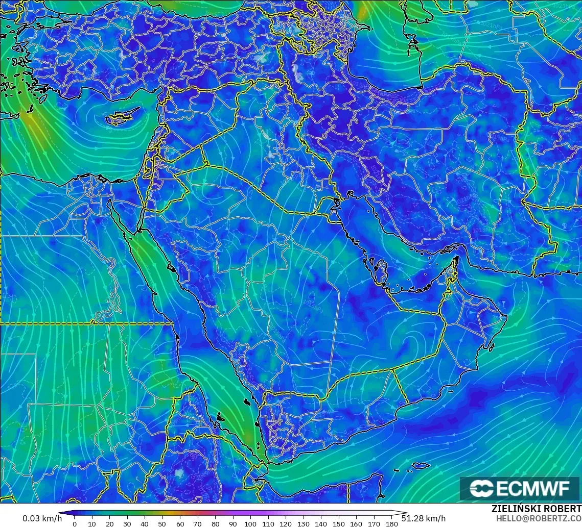 ECMWF IFS 0.25° モデル - 中東, 風速（10m）