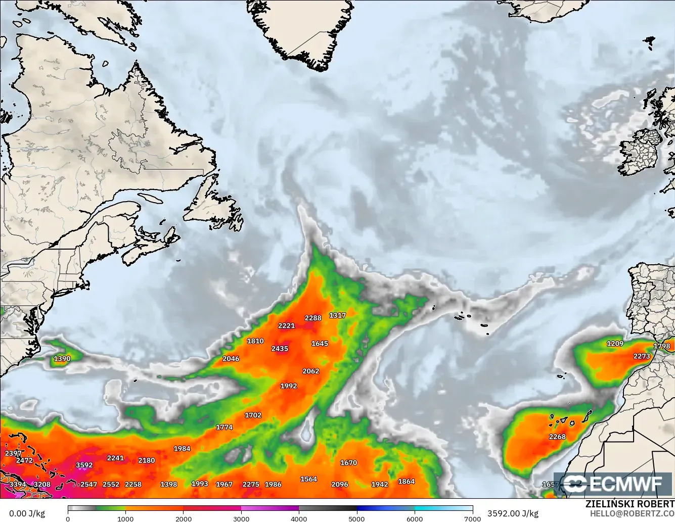 ECMWF IFS 0.25° モデル - 北大西洋, CAPE