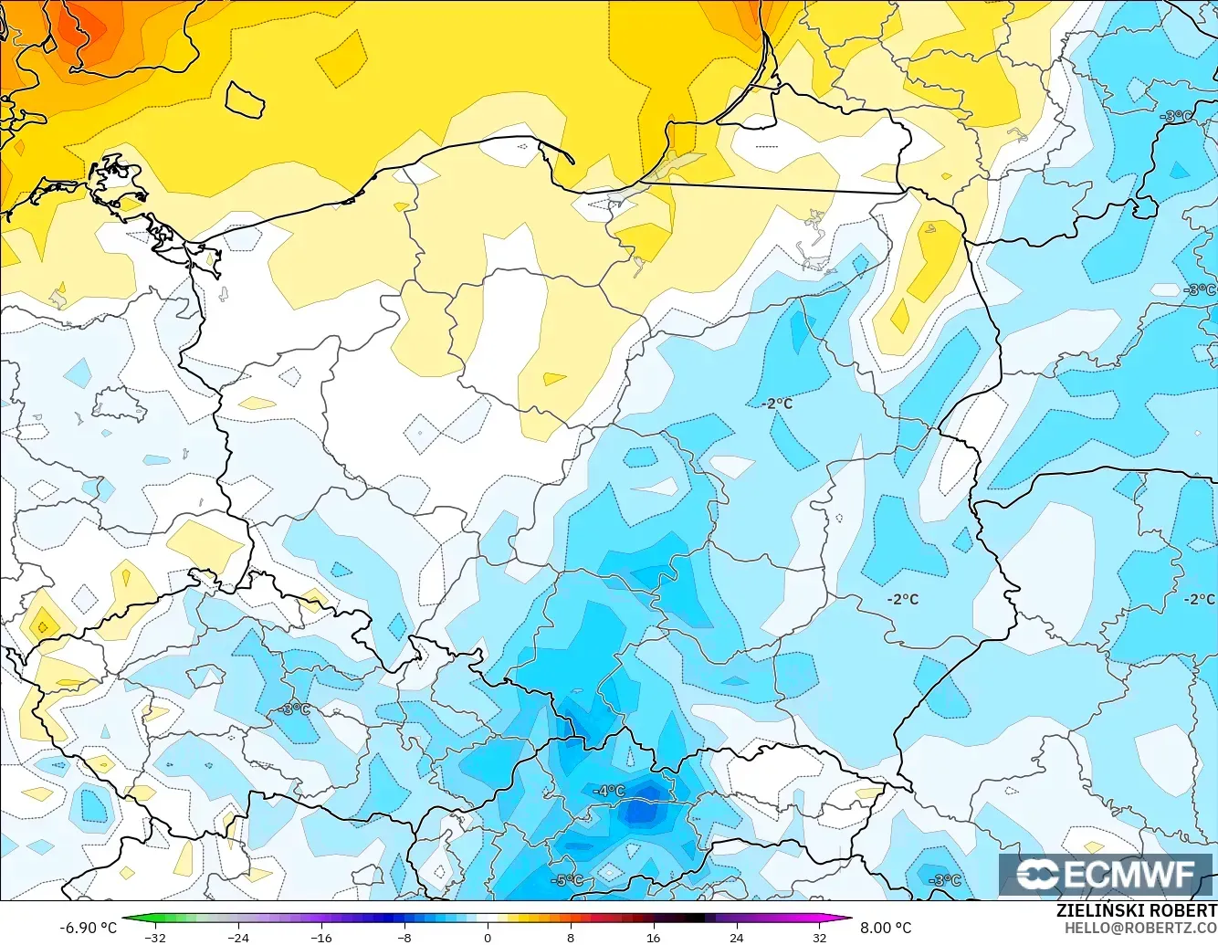 ECMWF IFS 0.25° モデル - ポーランド, 気温異常（2m）