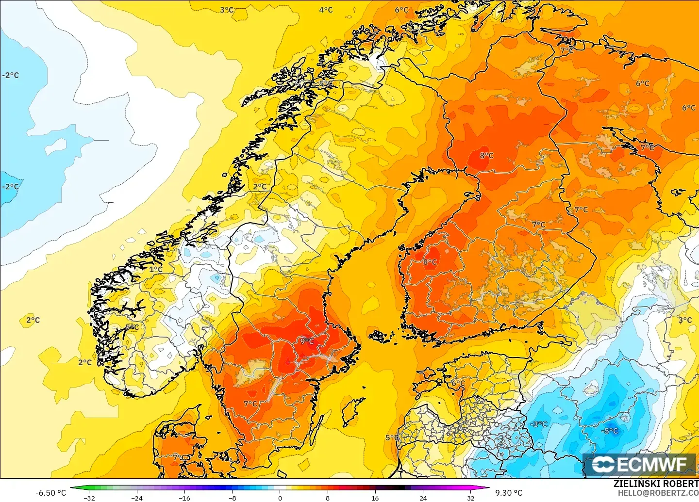 ECMWF IFS 0.25° モデル - スカンジナビア, 気温異常（2m）