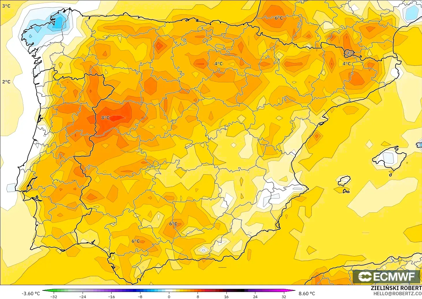 ECMWF IFS 0.25° モデル - スペイン, 気温異常（2m）