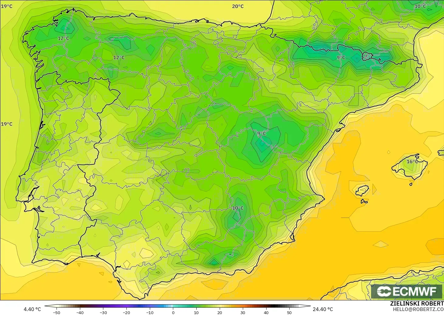 ECMWF IFS 0.25° モデル - スペイン, 気温（2m）