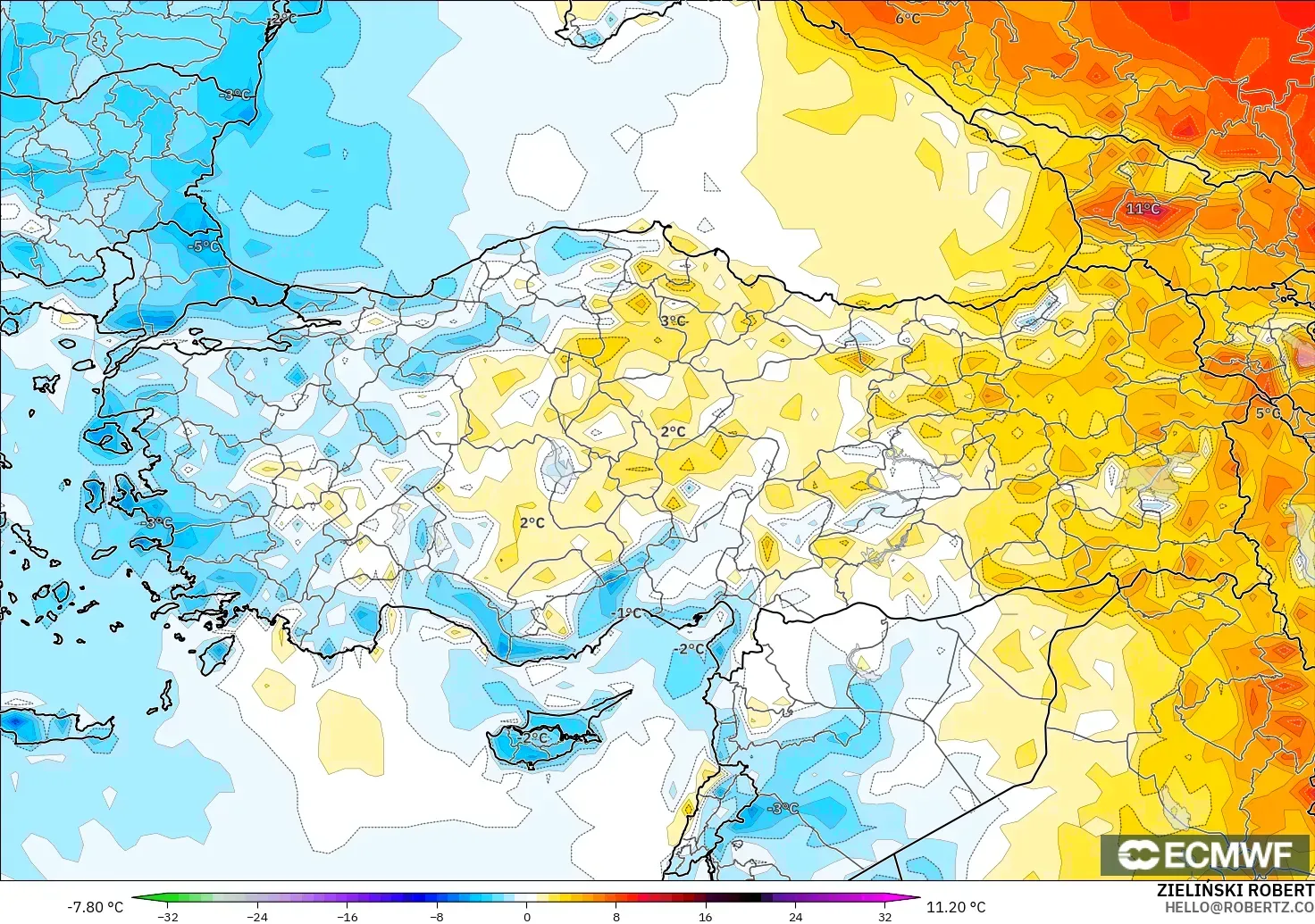 ECMWF IFS 0.25° モデル - トルコ, 気温異常（2m）