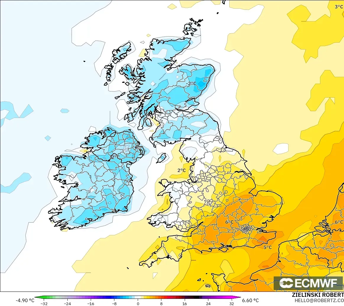 ECMWF IFS 0.25° モデル - イギリス, 気温異常（2m）