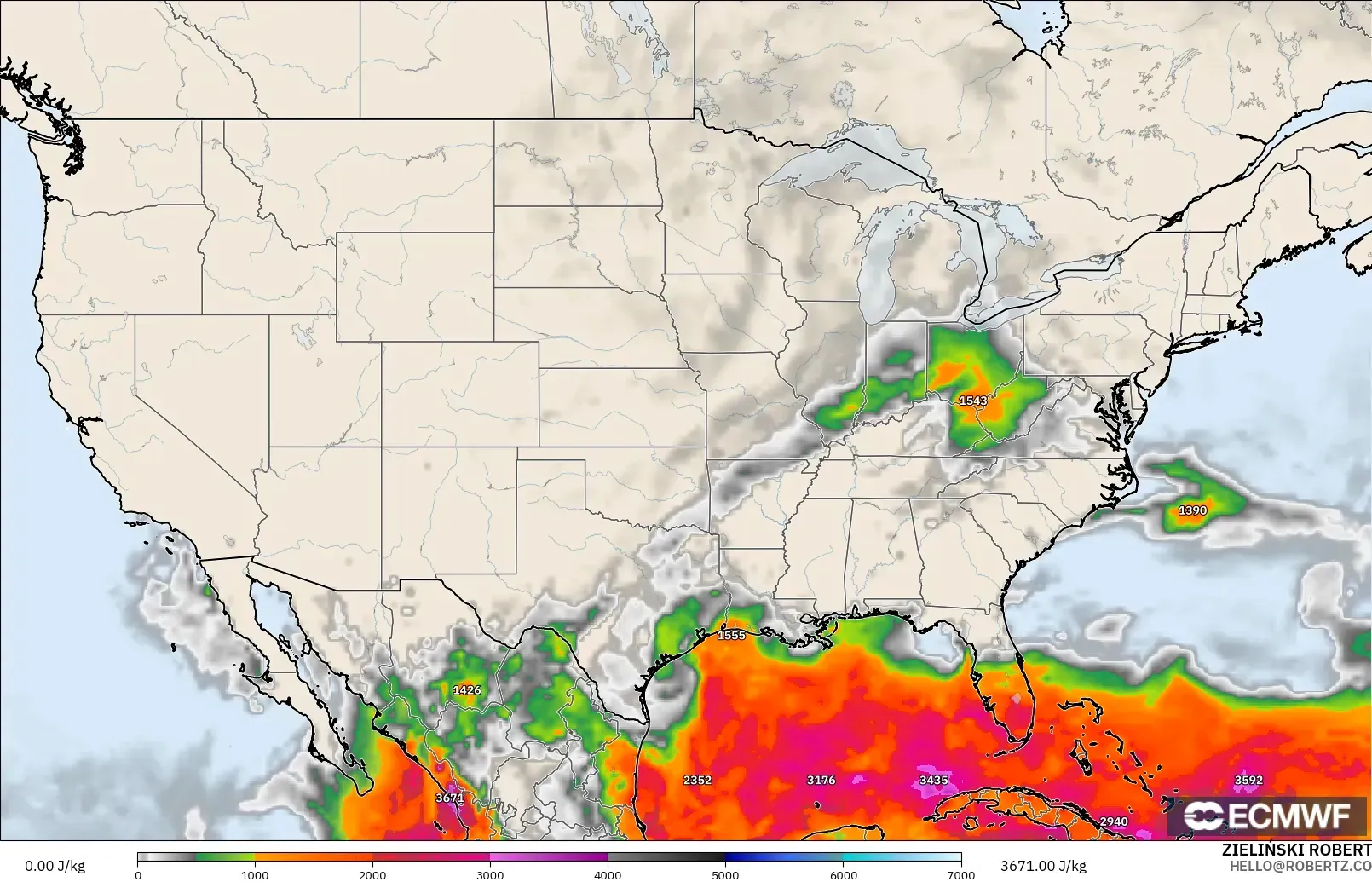 ECMWF IFS 0.25° モデル - アメリカ合衆国, CAPE