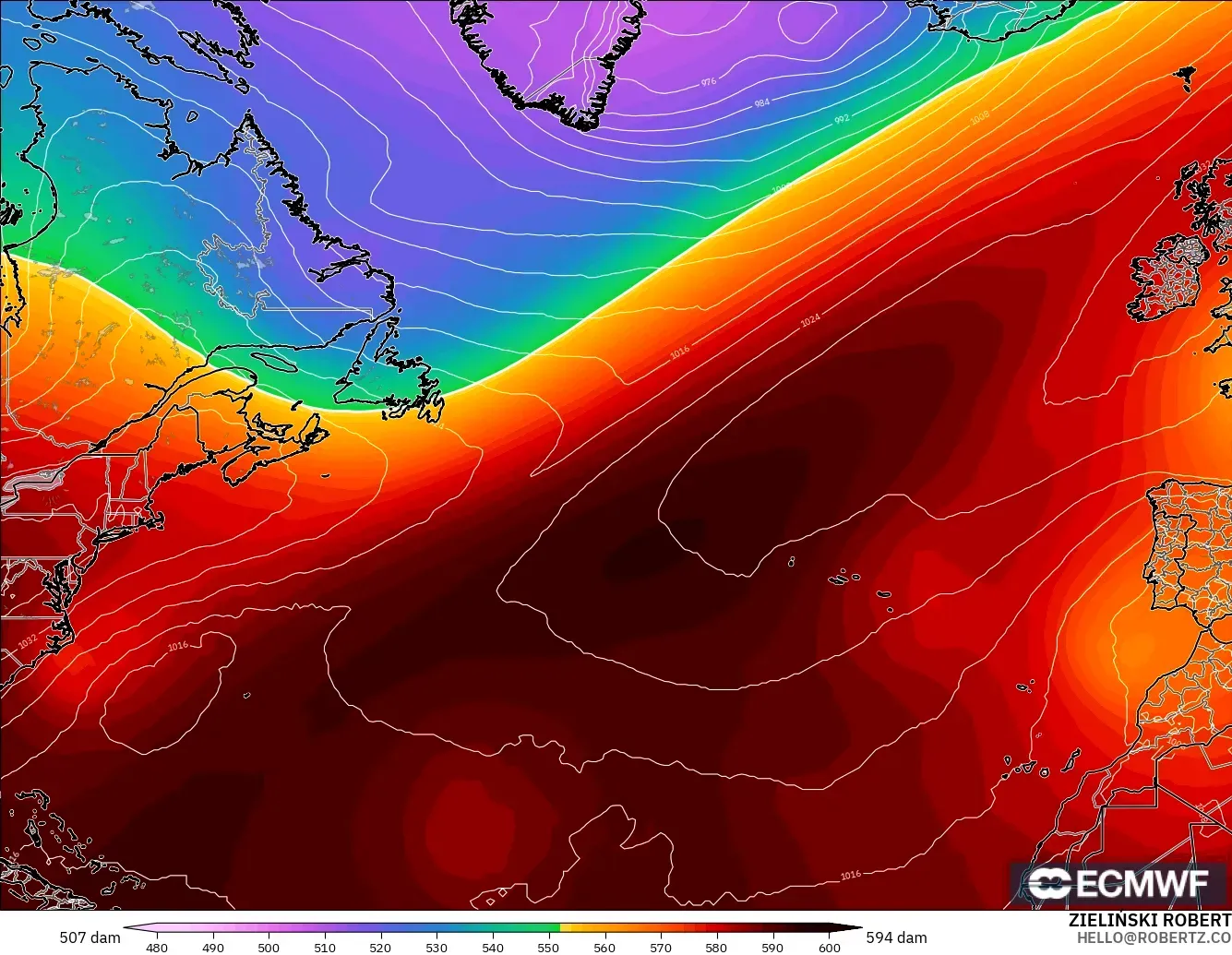 ECMWF IFS 0.25° モデル - 北大西洋, 500hPaのジオポテンシャル高度