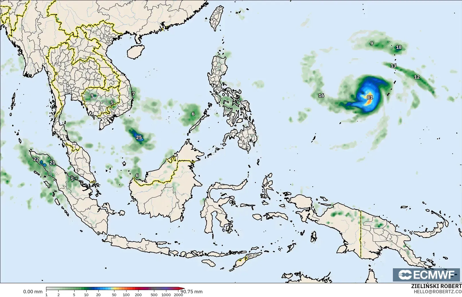 ECMWF IFS 0.25° モデル - 東南アジア, 降水量の合計