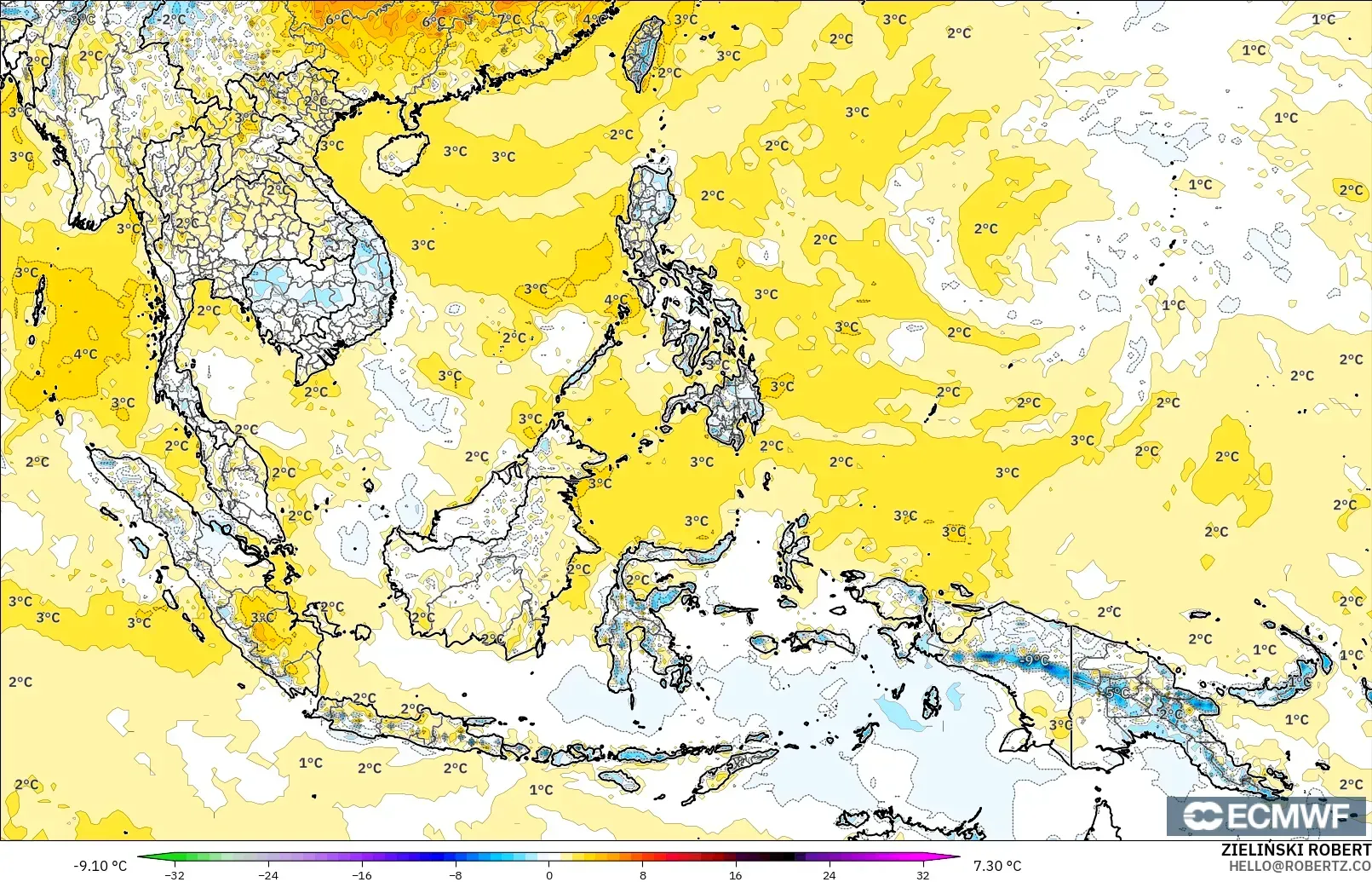 ECMWF IFS 0.25° モデル - 東南アジア, 気温異常（2m）