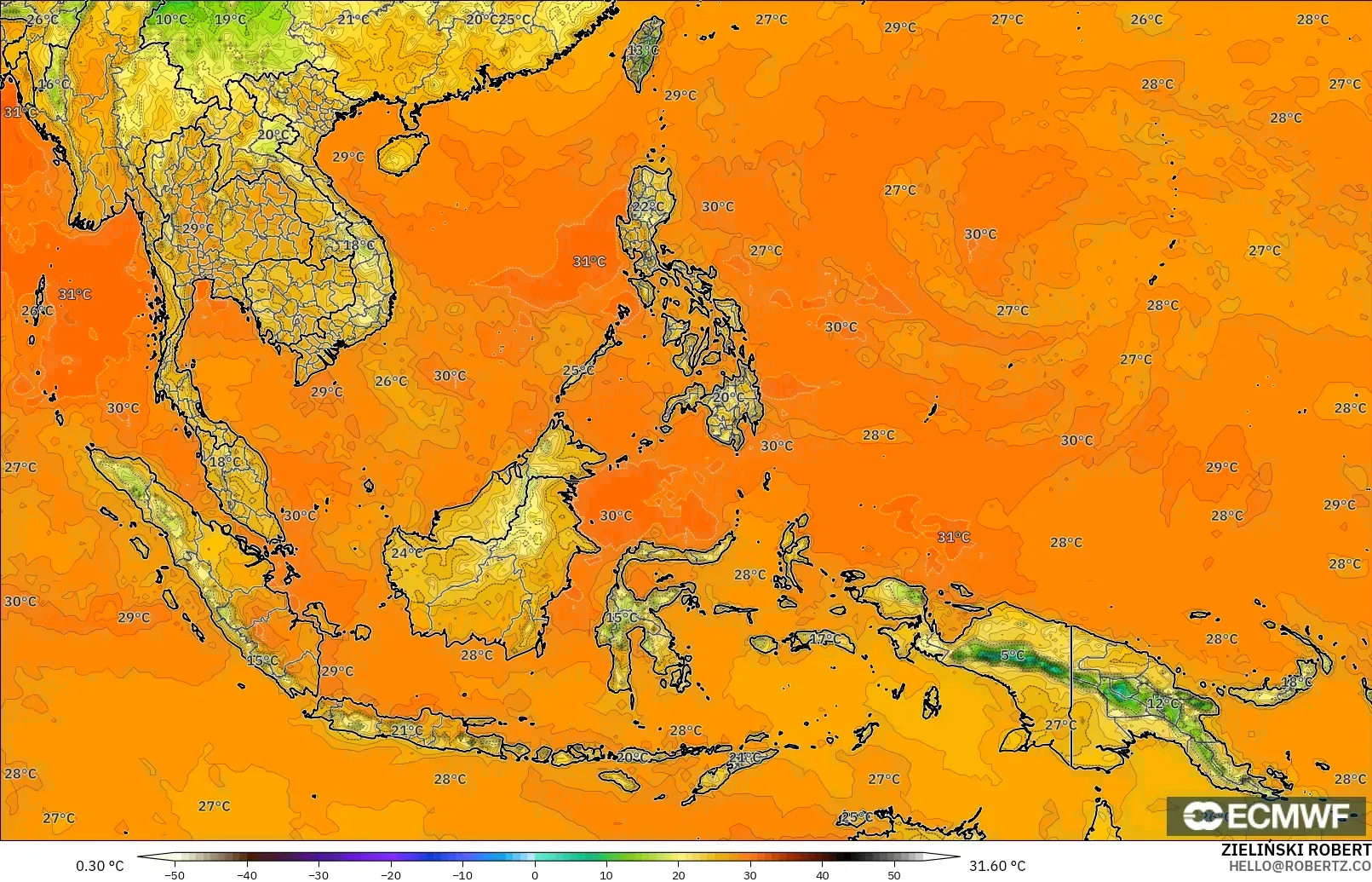 ECMWF IFS 0.25° モデル - 東南アジア, 気温（2m）