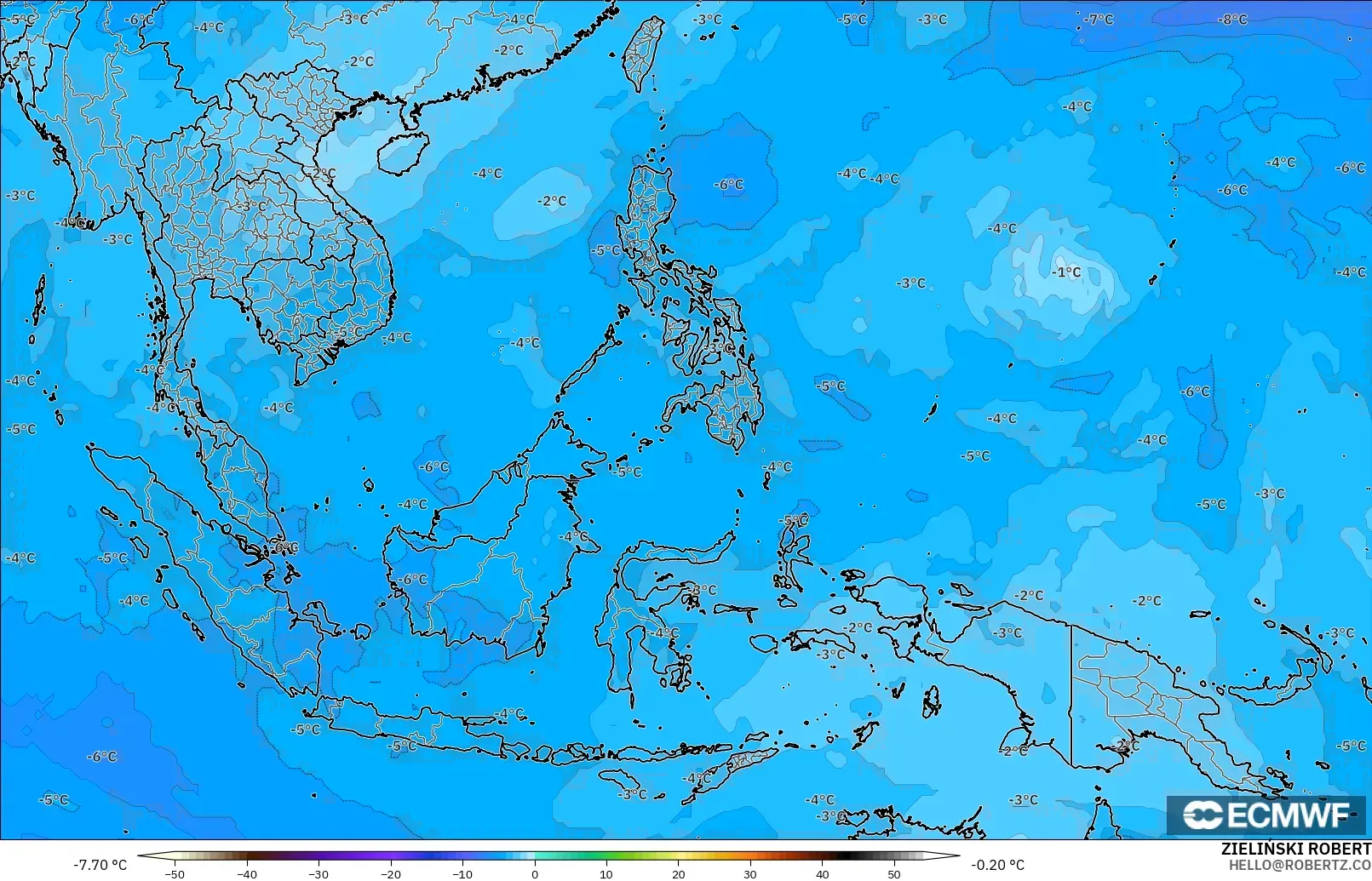 ECMWF IFS 0.25° モデル - 東南アジア, 気温（500hPa）